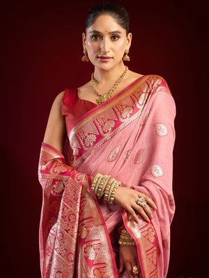 Pink Soft Silk Fancy Modal Banarasi Jari With Zhallar Saree With Blouse Piece