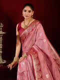 Pink Soft Silk Fancy Modal Banarasi Jari With Zhallar Saree With Blouse Piece