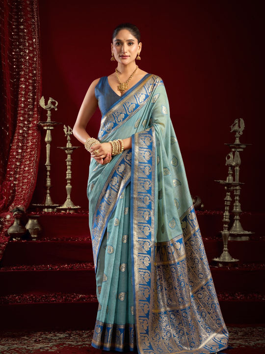 Sky Blue Soft Silk Fancy Modal Banarasi Jari With Zhallar Saree With Blouse Piece