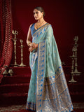Sky Blue Soft Silk Fancy Modal Banarasi Jari With Zhallar Saree With Blouse Piece