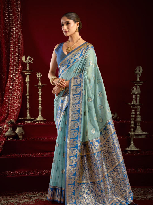 Sky Blue Soft Silk Fancy Modal Banarasi Jari With Zhallar Saree With Blouse Piece