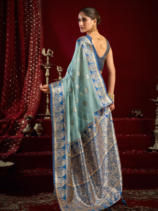 Sky Blue Soft Silk Fancy Modal Banarasi Jari With Zhallar Saree With Blouse Piece