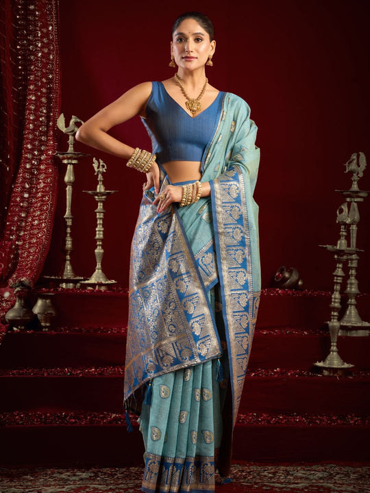 Sky Blue Soft Silk Fancy Modal Banarasi Jari With Zhallar Saree With Blouse Piece