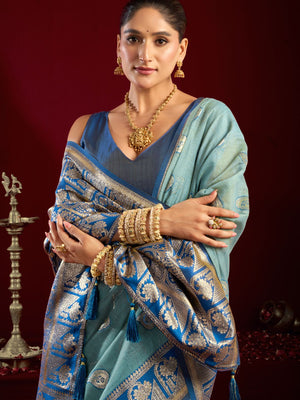 Sky Blue Soft Silk Fancy Modal Banarasi Jari With Zhallar Saree With Blouse Piece