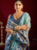 Sky Blue Soft Silk Fancy Modal Banarasi Jari With Zhallar Saree With Blouse Piece