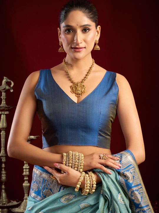 Sky Blue Soft Silk Fancy Modal Banarasi Jari With Zhallar Saree With Blouse Piece