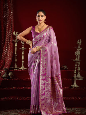 Lavender Soft Silk Fancy Modal Banarasi Jari With Zhallar Saree With Blouse Piece