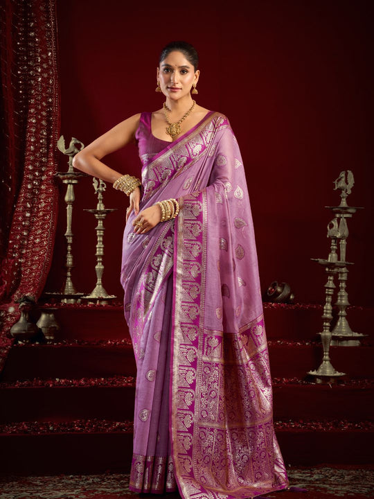 Lavender Soft Silk Fancy Modal Banarasi Jari With Zhallar Saree With Blouse Piece