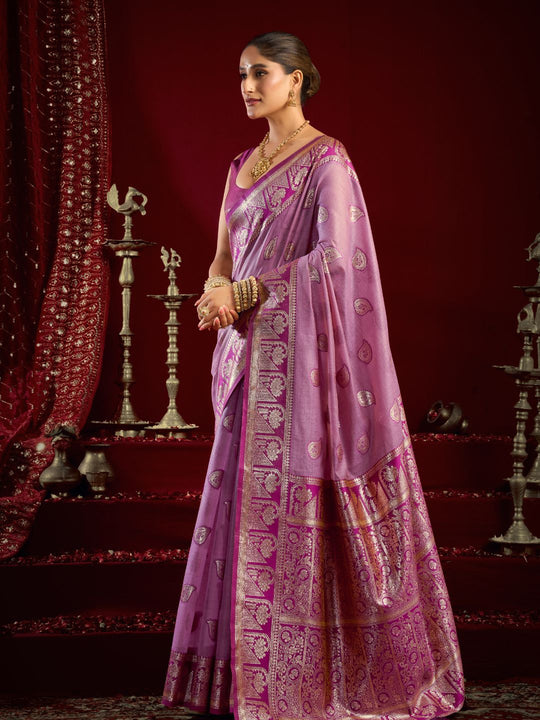 Lavender Soft Silk Fancy Modal Banarasi Jari With Zhallar Saree With Blouse Piece