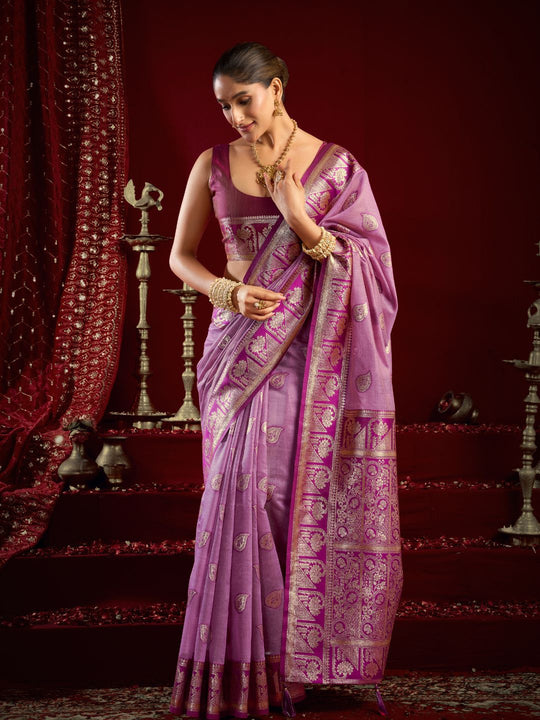Lavender Soft Silk Fancy Modal Banarasi Jari With Zhallar Saree With Blouse Piece