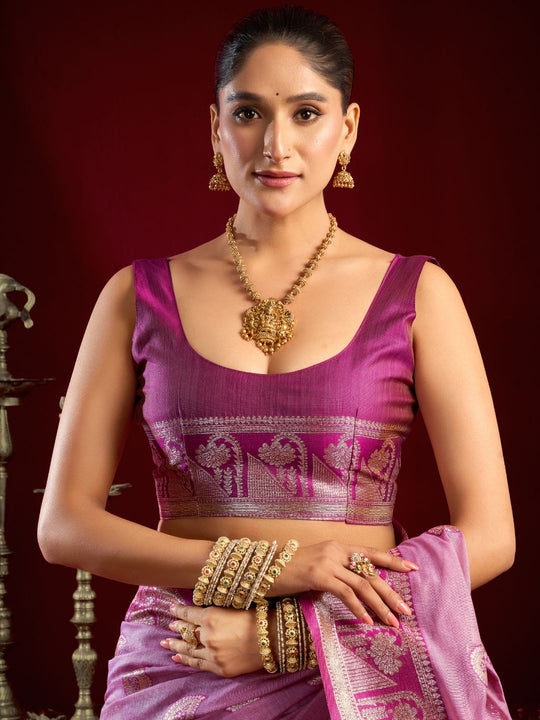 Lavender Soft Silk Fancy Modal Banarasi Jari With Zhallar Saree With Blouse Piece