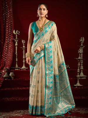 Cream Soft Silk Fancy Modal Banarasi Jari With Zhallar Saree With Blouse Piece
