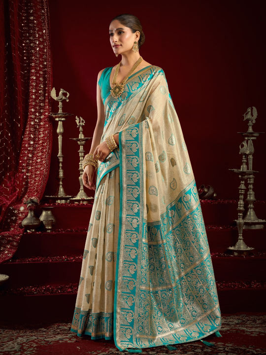 Cream Soft Silk Fancy Modal Banarasi Jari With Zhallar Saree With Blouse Piece