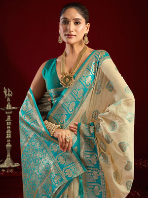 Cream Soft Silk Fancy Modal Banarasi Jari With Zhallar Saree With Blouse Piece