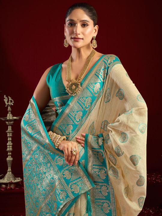 Cream Soft Silk Fancy Modal Banarasi Jari With Zhallar Saree With Blouse Piece
