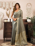 Grey  Khadi Cotton With Brocade Blouse & Zhallar Saree With Blouse Piece