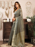 Grey  Khadi Cotton With Brocade Blouse & Zhallar Saree With Blouse Piece