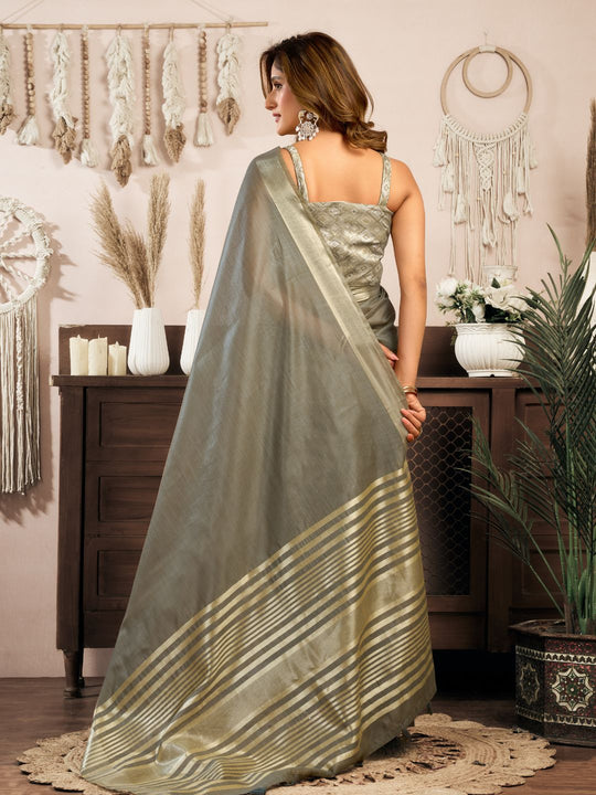 Grey  Khadi Cotton With Brocade Blouse & Zhallar Saree With Blouse Piece