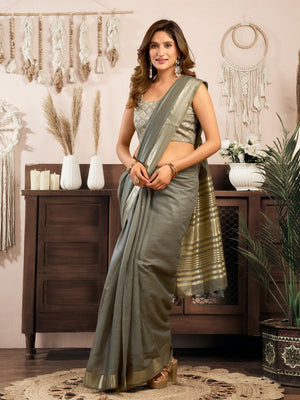 Grey  Khadi Cotton With Brocade Blouse & Zhallar Saree With Blouse Piece