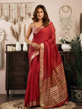 Red Khadi Cotton With Brocade Blouse & Zhallar Saree With Blouse Piece