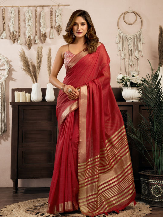 Red Khadi Cotton With Brocade Blouse & Zhallar Saree With Blouse Piece