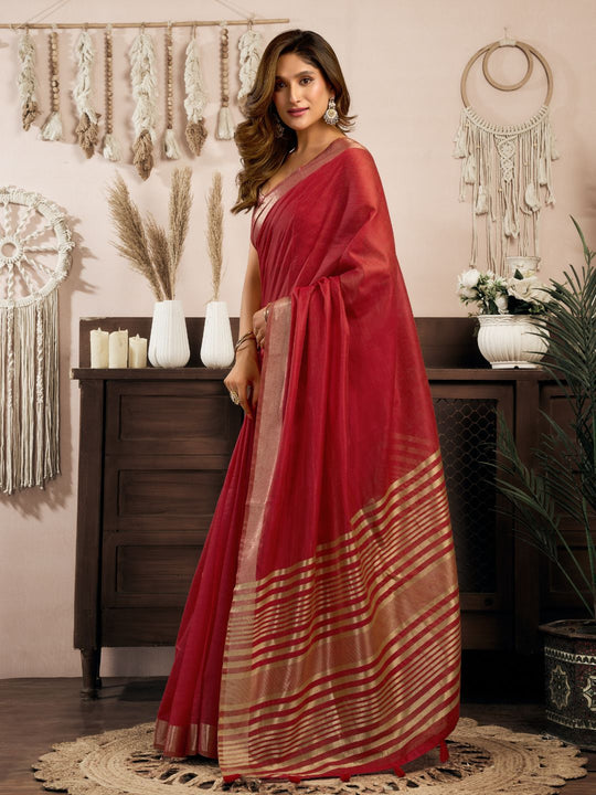 Red Khadi Cotton With Brocade Blouse & Zhallar Saree With Blouse Piece