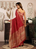 Red Khadi Cotton With Brocade Blouse & Zhallar Saree With Blouse Piece