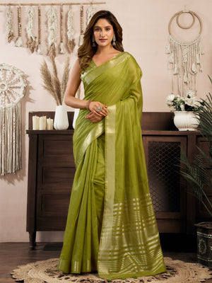 Light Green Khadi Cotton With Brocade Blouse & Zhallar Saree With Blouse Piece