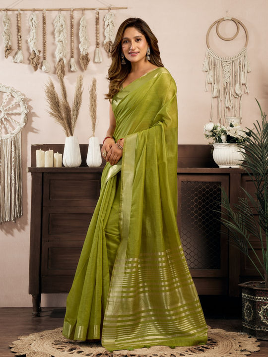 Light Green Khadi Cotton With Brocade Blouse & Zhallar Saree With Blouse Piece