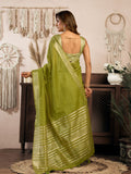 Light Green Khadi Cotton With Brocade Blouse & Zhallar Saree With Blouse Piece