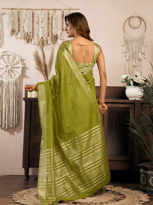 Light Green Khadi Cotton With Brocade Blouse & Zhallar Saree With Blouse Piece