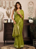 Light Green Khadi Cotton With Brocade Blouse & Zhallar Saree With Blouse Piece