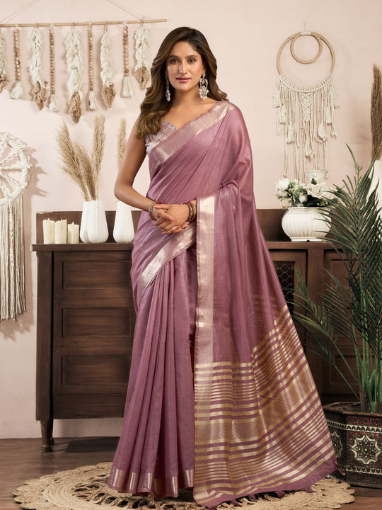 Lavender Khadi Cotton With Brocade Blouse & Zhallar Saree With Blouse Piece