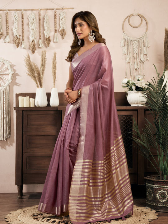 Lavender Khadi Cotton With Brocade Blouse & Zhallar Saree With Blouse Piece