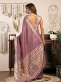 Lavender Khadi Cotton With Brocade Blouse & Zhallar Saree With Blouse Piece