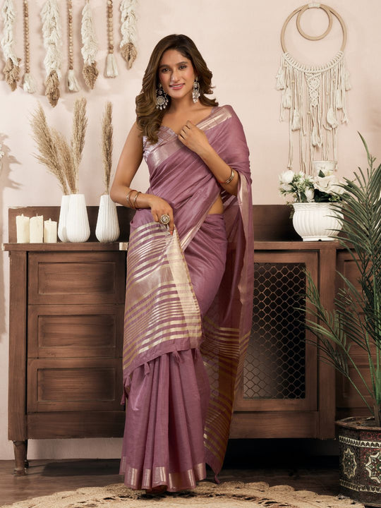 Lavender Khadi Cotton With Brocade Blouse & Zhallar Saree With Blouse Piece