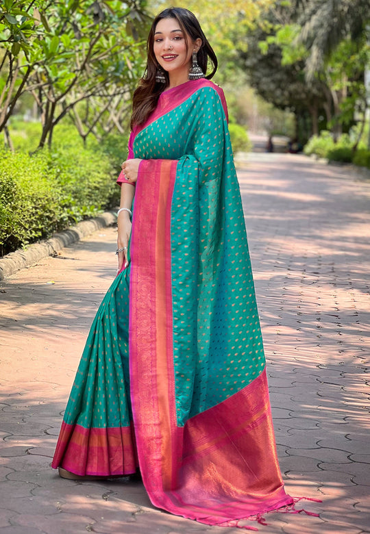 Green  Banarasi Silk Blend Saree With Blouse Piece