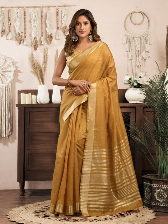 Yellow Khadi Cotton With Brocade Blouse & Zhallar Saree With Blouse Piece
