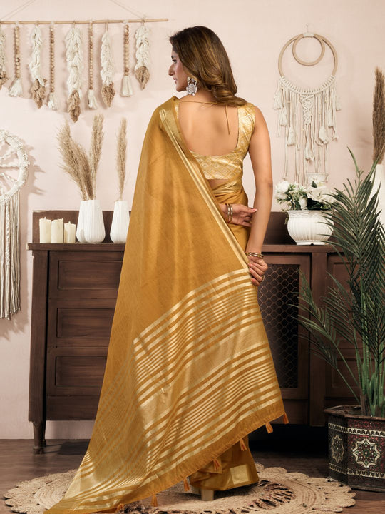 Yellow Khadi Cotton With Brocade Blouse & Zhallar Saree With Blouse Piece