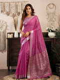 Pink Khadi Cotton With Brocade Blouse & Zhallar Saree With Blouse Piece