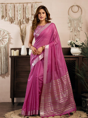 Pink Khadi Cotton With Brocade Blouse & Zhallar Saree With Blouse Piece