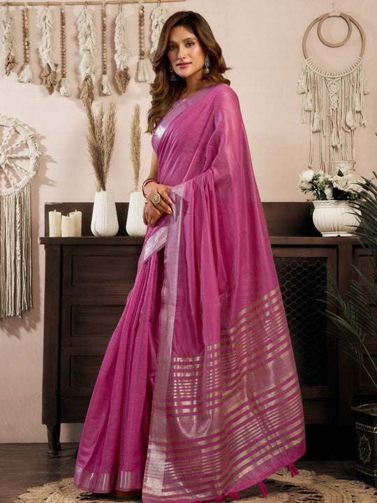 Pink Khadi Cotton With Brocade Blouse & Zhallar Saree With Blouse Piece