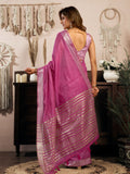 Pink Khadi Cotton With Brocade Blouse & Zhallar Saree With Blouse Piece