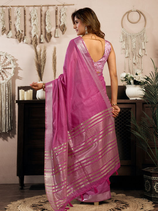 Pink Khadi Cotton With Brocade Blouse & Zhallar Saree With Blouse Piece