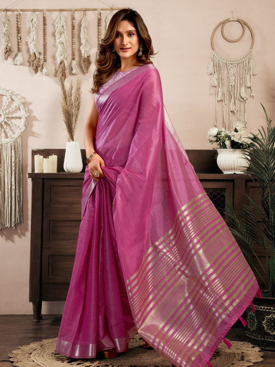 Pink Khadi Cotton With Brocade Blouse & Zhallar Saree With Blouse Piece