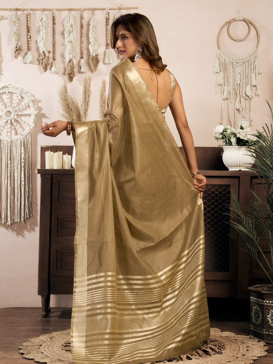Khahki Khadi Cotton With Brocade Blouse & Zhallar Saree With Blouse Piece