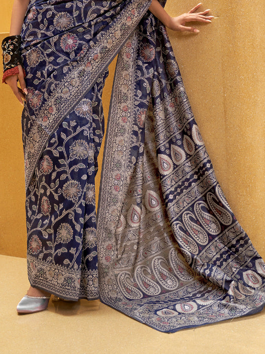 Blue Chikankari Saree With Blouse Piece
