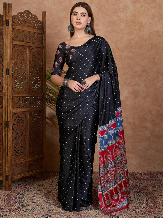 Black Semi Modal Saree With Blouse Piece