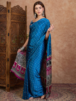 Blue Semi Modal Saree With Blouse Piece