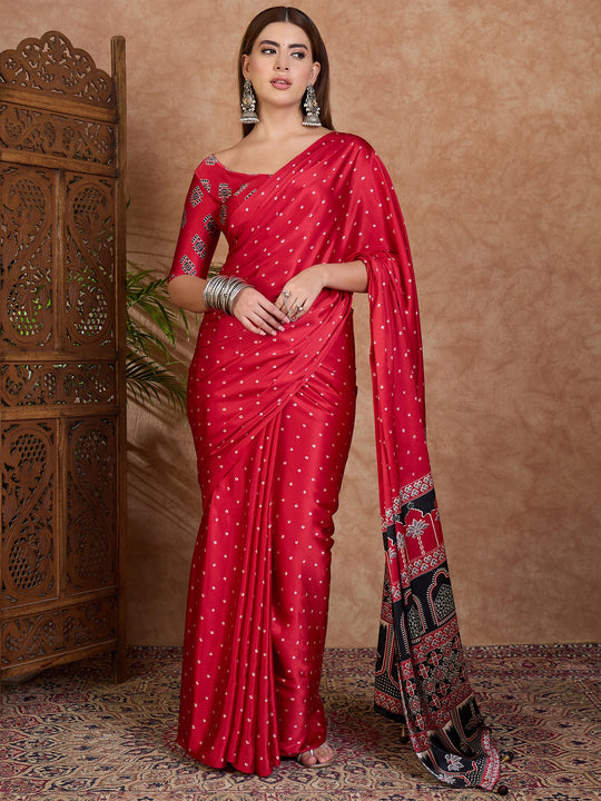 Red Semi Modal Saree With Blouse Piece